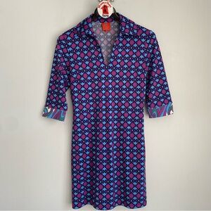 Tracy Negoshian Purple Teal Print Dress Size M Collared V-Neck Stretch